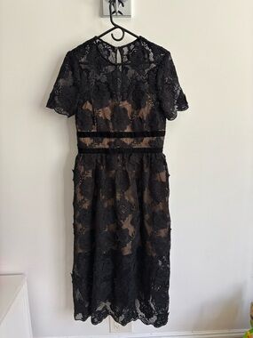 Self-Portrait Black Floral Lace Midi Dress with Nude Lining